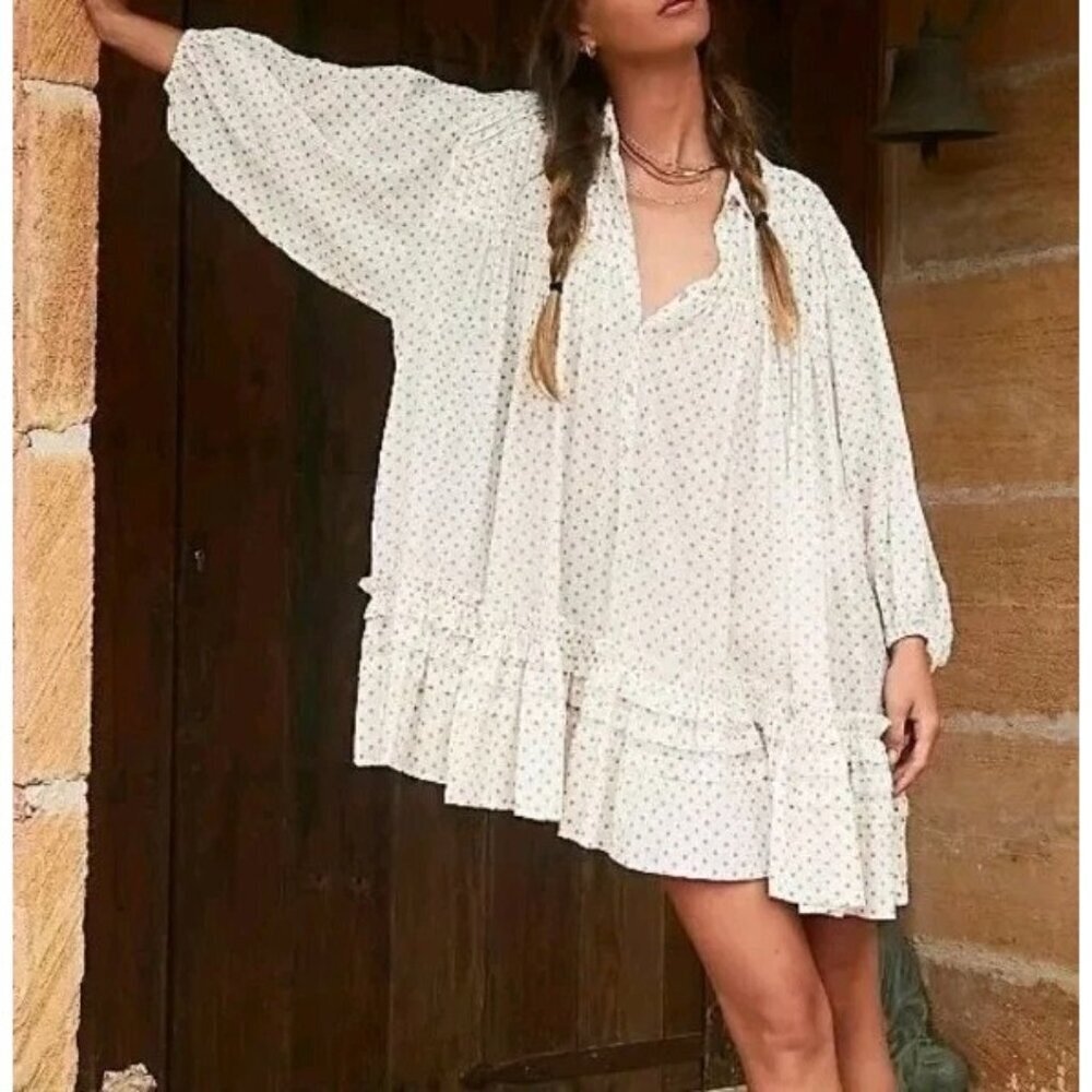 Free People Womens Size Small Full Swing Flowy Mini Dress In Ivory Combo Boho